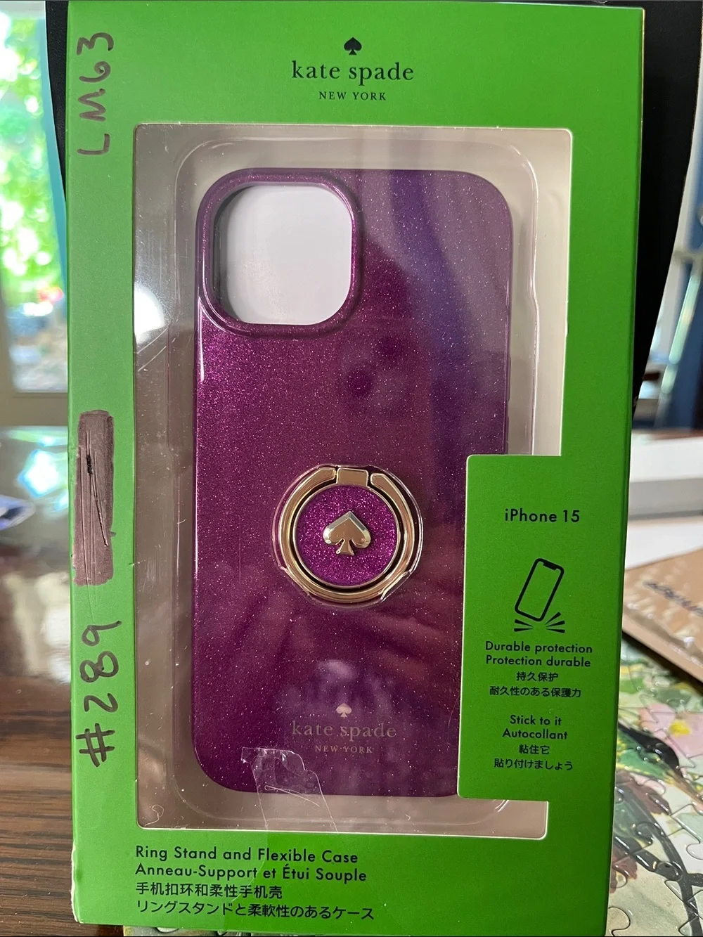 kate spade iPhone 15 Glitter Ring-Stand Case with Gold Tone Ring JHW